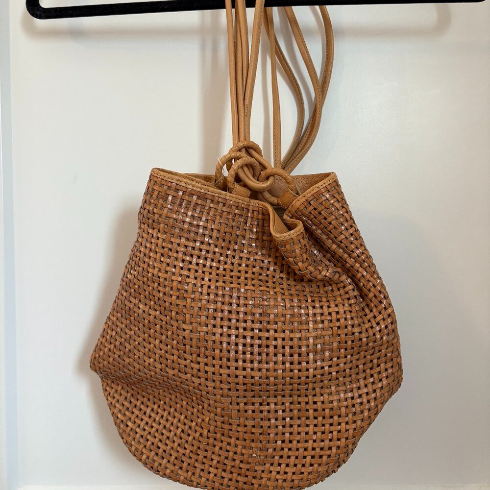 Woven Leather Drawstring Bucket Bag – Brown